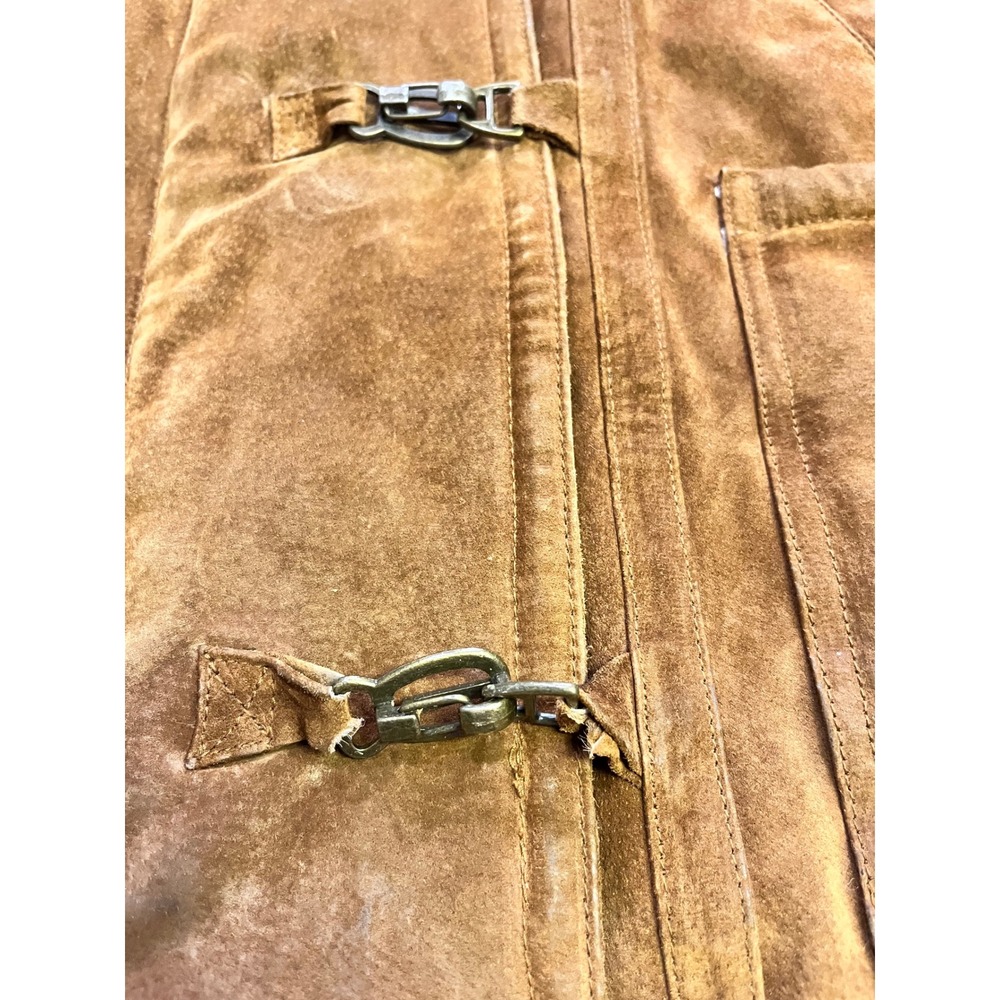 Suede Vintage Sherpa Lined Hooded Toggle Leather Coat Brown Womens Size M - Picture 12 of 14